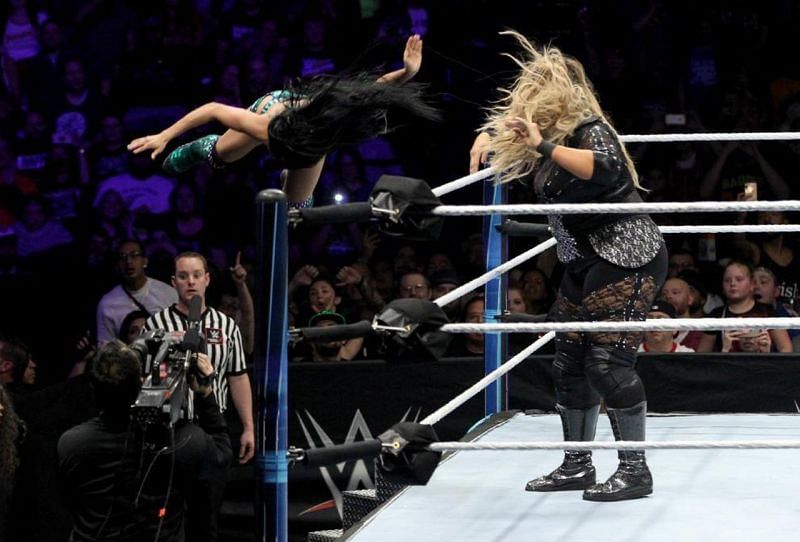 Zelina Vega was gorilla pressed out of the ring so hard that she couldn't handle the fall
